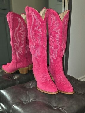 Red Suede Heeled Cowboy Boots - Women's Fashion Boot